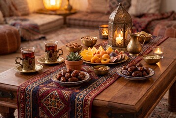 Naklejka premium Traditional Middle Eastern iftar feast with dates and lanterns on wooden table.