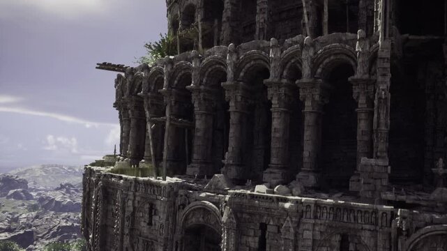 ruined tower under storm clouds, heavy shadows on weathered arches, dramatic coastal skyline, textured masonry and crumbling terraces suggesting postapocalyptic