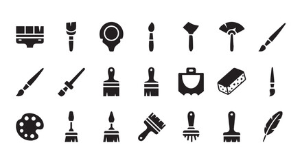 Fototapeta premium Paint Tools Icon Set, Paint Brush Roller and Palette Black Glyph Icons