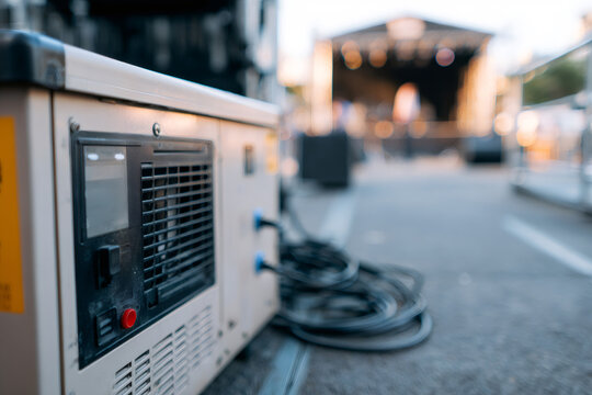 Close-up of a power generator providing electricity for an outdoor concert. Backstage technical equipment and setup for a music festival