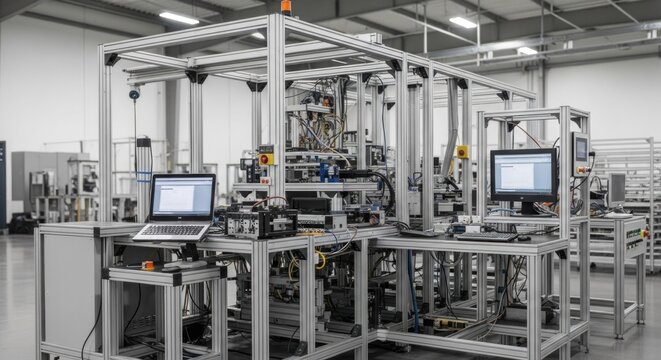 A complex robotic assembly line with multiple machines and computer monitors in a spacious, well-lit workshop environment.