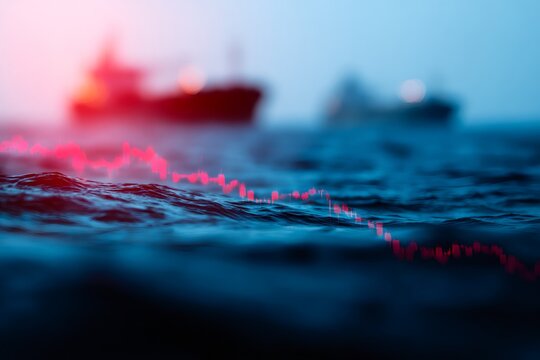 Red candlestick trading chart on dark ocean waves with tankers. Crude oil market analysis and financial risk concept