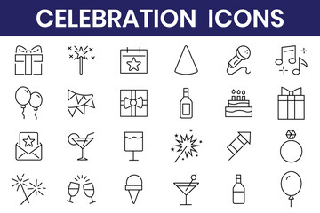 Fototapeta premium Ceremony and celebration icons set. Party line icon set. Included icons as celebrate, celebration, dancing, music, congrats and more.