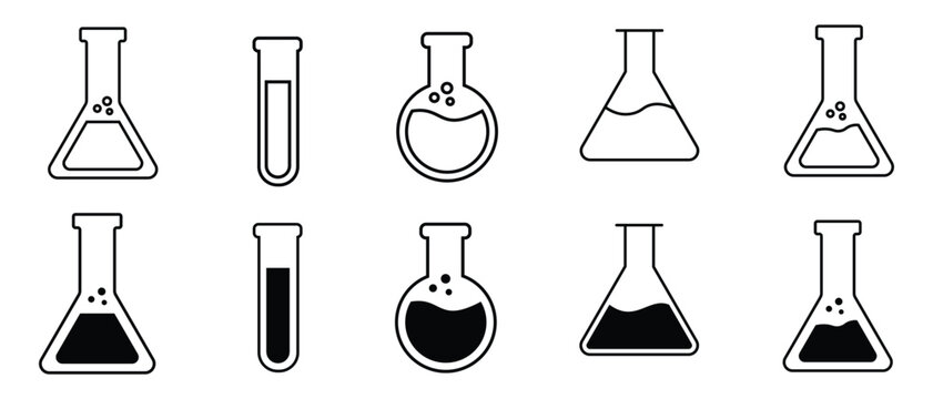 conical flask or Erlenmeyer  flask vector set. laboratory chemical glassware equipment. Chemistry beaker icon set for laboratory research and education. Vector illustration
