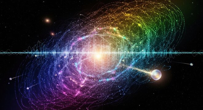 A colorful, abstract cosmic scene with swirling patterns and a central point of light, surrounded by stars and galaxies in space.