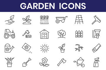 Fototapeta premium Gardening, flowers, icons. Garden web line icon set. Containing plant, flowers, trees, watering can, fence, cultivate and gardening icons. Vector illustration.