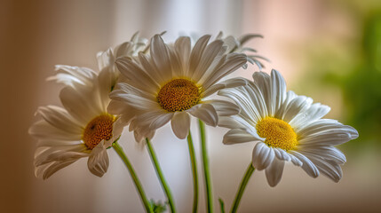 Naklejka premium Cluster of fresh daisies with white petals and yellow centers in soft directional light. 