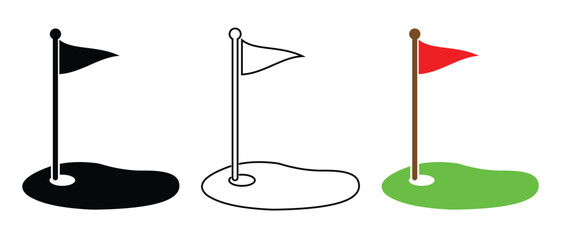 golf course flag sport icon. Golf sport flag hole isolated flat icon. Golf course green with flag or flagstick and golf ball flat vector icon for sports apps and websites © Dream Scape Studio