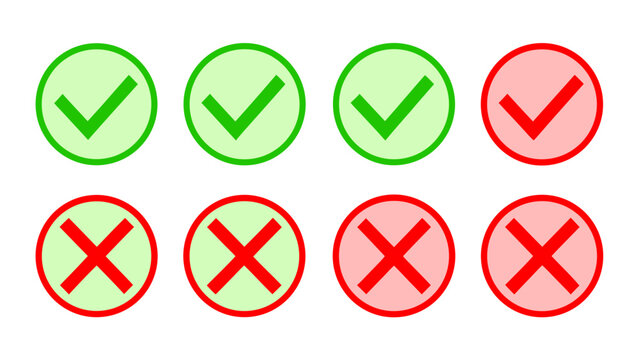 Green checkmark and red x mark symbols in circles for approval and rejection on white background