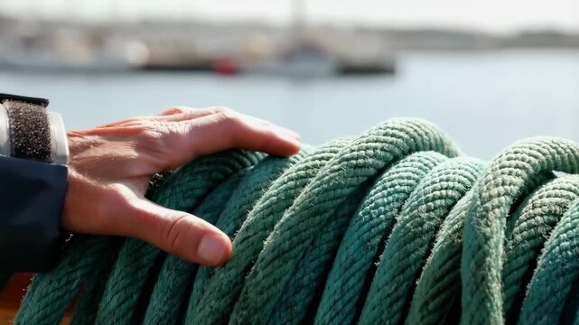 A close-up view of a hand gently touching a coiled rope, highlighting the texture and color while showcasing the tranquil maritime environment in the background