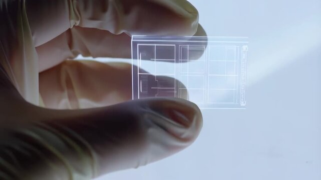 A Close-Up Image of a Transparent Slide Held in a Gloved Hand, Highlighting Its Intricate Sections Under Bright Lighting for Scientific Examination