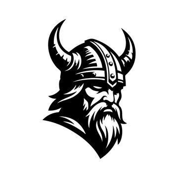 Logo vikingo n&oacute;rdico. Icono con guerrero n&oacute;rdico con casco b&aacute;rbaro con cuernos