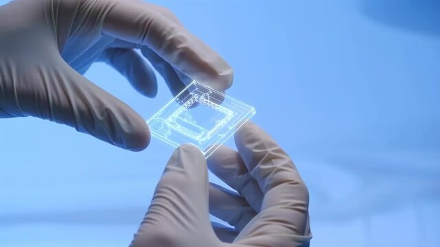 An Innovative Glimpse into Cutting-Edge Technology: A Person Analyzing a Transparent Microchip with Precision and Care under a Bright Blue Light