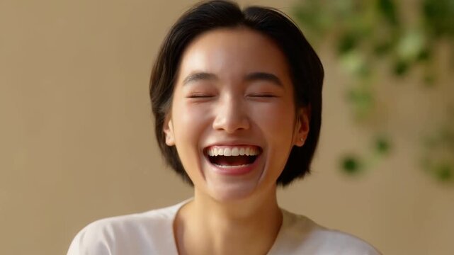 A joyful moment captured in two frames, showcasing the radiant smile and expressive laughter of a young woman in a serene indoor setting, embodying happiness and warmth.
