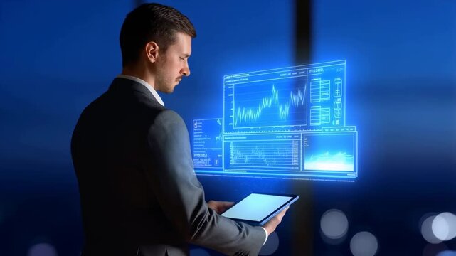 A business professional analyzes data and trends using a digital tablet, illuminated by a stunning city skyline at dusk, embodying technological advancement and modern insights.