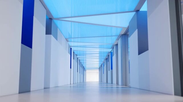 A Modern Architectural Corridor Featuring Sleek Lines, Bright Blue Skylights, and a Minimalist Design That Creates an Inviting and Airy Atmosphere of Spatial Clarity