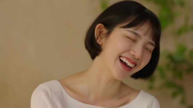 A Joyful Moment: Capturing the Radiant Smile and Serenity of a Young Woman in a Tranquil Setting with Warm Tones and Natural Elements Surrounding Her