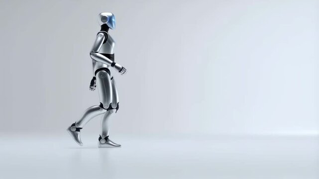 A Sleek Metallic Robot Walking with Purpose in an Empty Space, Showcasing Advanced Design and Movement in a Futuristic Environment