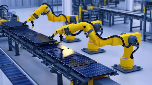 Advanced Robotic System in a Modern Solar Panel Manufacturing Facility Demonstrating Precision Automation and Streamlined Production Processes