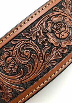 Detailed close up view of intricately tooled leather featuring floral scrollwork design