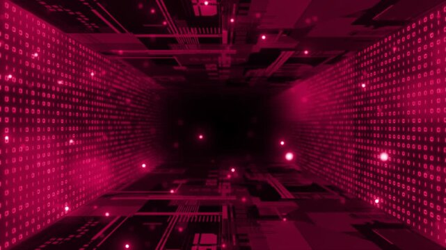 Magenta red color computer motherboard  binary code with flowing particles sci fi tunnel futuristic design black seamless technology background