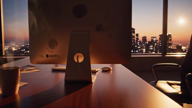 Modern office at dusk overlooking a city skyline with warm sunlight on a cluttered desk