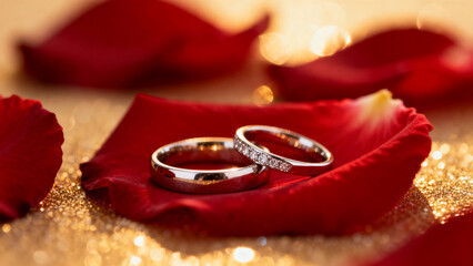 Luxury Rose Petals and Golden Rings Celebration Background