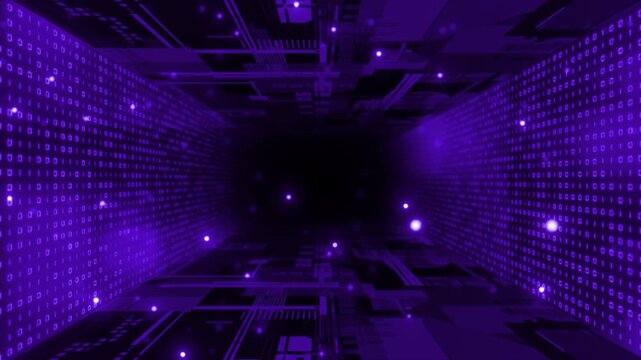 Purple color computer motherboard  binary code with flowing particles sci fi tunnel futuristic design black seamless technology background