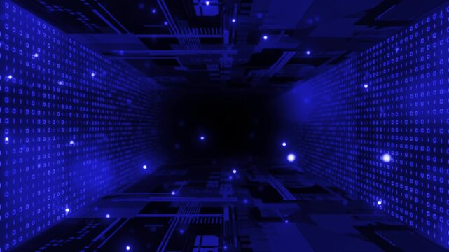 Blue color computer motherboard  binary code with flowing particles sci fi tunnel futuristic design black seamless technology background
