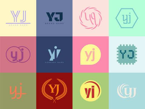 YJ logo company template. Letter y and j logotype. Set different classic serif lettering and modern bold text with design elements. Initial font typography.