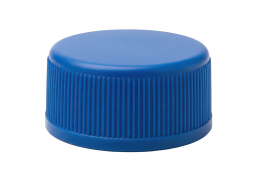 Blue plastic bottle cap with ribbed sides and flat top isolated on transparent background