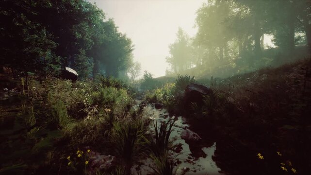 Misty forest stream at dawn, soft light filters through canopy, shallow water reflecting foliage and scattered wildflowers along muddy bank, damp moss and ferns