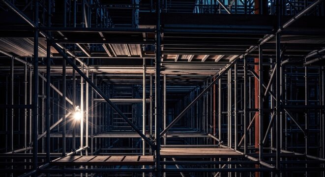 A dark, industrial scaffolding structure with metal beams and crossbars, illuminated by a single light source, casting shadows and creating a dramatic, moody atmosphere.