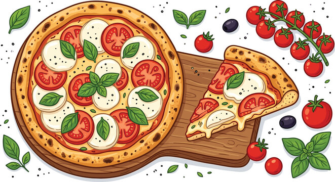 Delicious homemade pizza with fresh tomatoes basil leaves on a wooden board with fruits and vegetables around