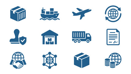 Global trade logistics and shipping transportation concept. Set of blue business delivery icons including cargo ship, truck, plane and warehouse on a transparent background. © NiK0StudeO