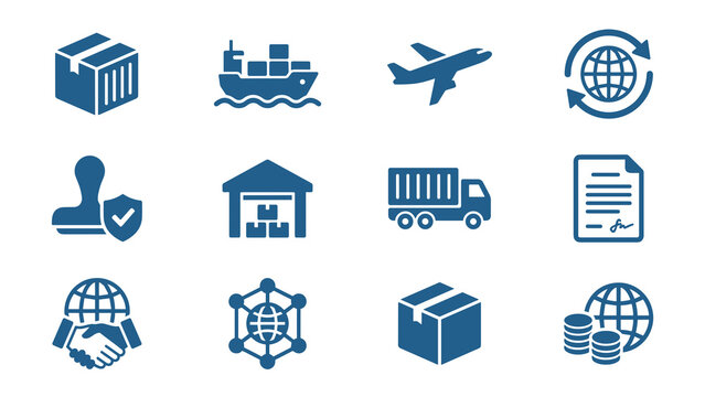 Global trade logistics and shipping transportation concept. Set of blue business delivery icons including cargo ship, truck, plane and warehouse on a transparent background.