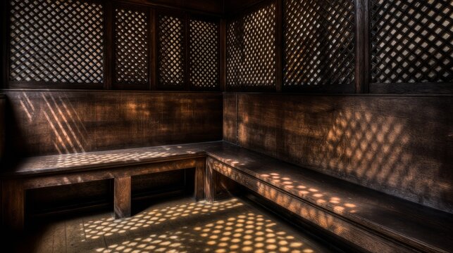 confessional. Empty confessional booth interior with soft light filtering through wooden lattice. event programs, museum guides, designed for cultural heritage projects and event programs.
