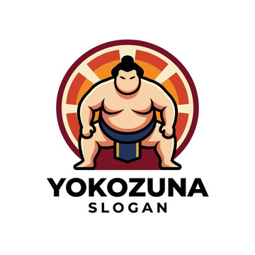 A creative logo featuring a muscular sumo wrestler standing confidently, set against a vibrant circular background that symbolizes strength and tradition in Japanese culture.
