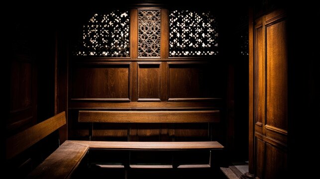 confessional. Empty confessional booth interior with soft light filtering through wooden lattice. event programs, museum guides, designed for cultural heritage projects and event programs.
