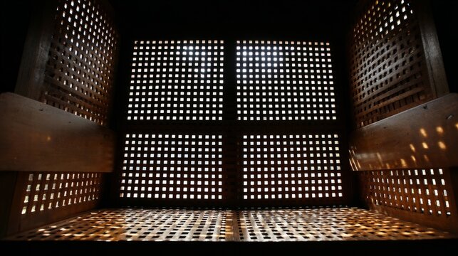 confessional. Empty confessional booth interior with soft light filtering through wooden lattice. event programs, museum guides, designed for cultural heritage projects and event programs.

