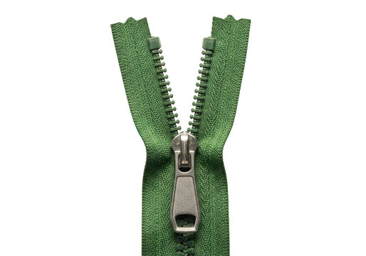 Green zipper with metal slider and fabric tape isolated on transparent background