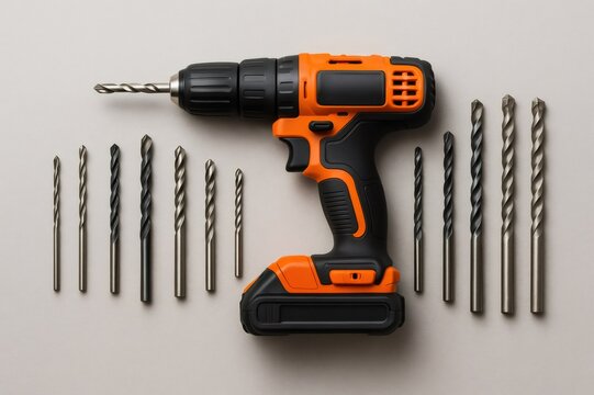 Cordless drill with an attached bit surrounded by different sized drill bits, displaying tools for construction and DIY work