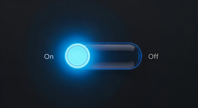 Futuristic glass toggle slider with blue neon glow effects centered on dark background for minimalist digital interface design and web applications