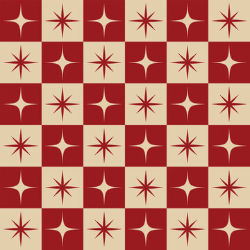 Seamless retro mid century modern holiday star geometric pattern in red and gold