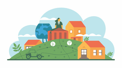 Fototapeta premium Illustration of a person working on a laptop on a hill with houses and a tractor in a rural landscape