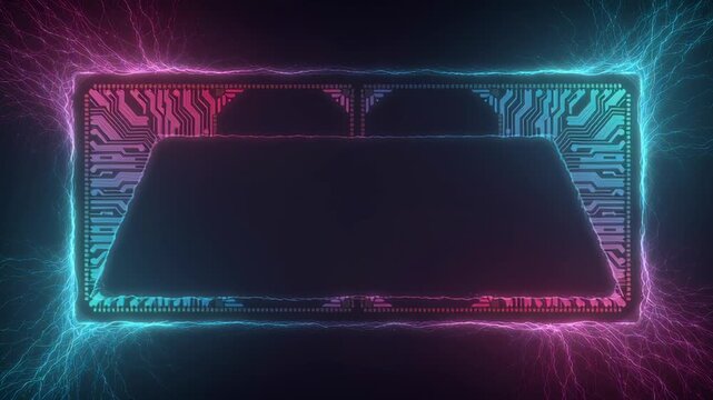 Digital icon neon communication concept information integration circuit board background computer processing abstract tech technology artificial intelligence modern video purple glowing frame with