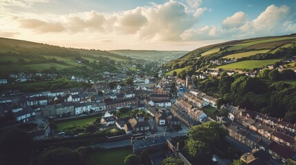 Obraz premium Aerial view of a charming village in rolling hills under a blue sky. Peaceful scenery with houses and nature harmonizing beautifully.