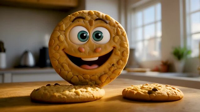 Anthropomorphic chocolate chip cookie with big eyes and wide smile standing on wooden kitchen counter beside two regular cookies