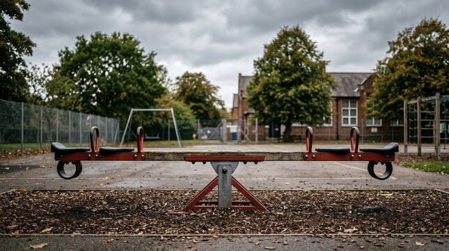 A red seesaw stands alone on a playground surrounded by trees and houses under a cloudy sky