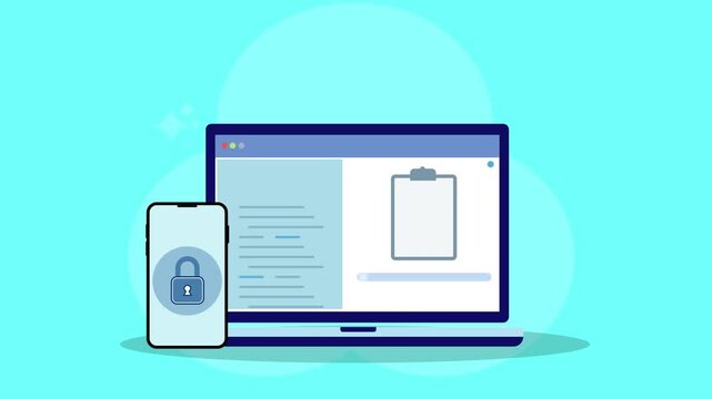 Flat vector animation of laptop displaying clipboard document and smartphone with lock icon representing secure document management, digital paperwork, and protected business data workflow.